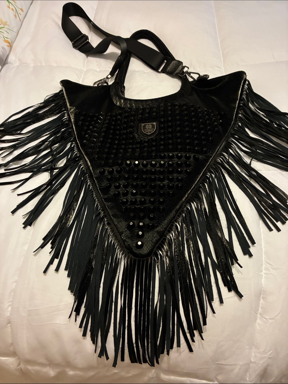 AGRIPPA Black Fringe Studded Triangle Tote Bag